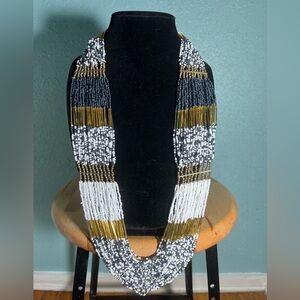 African Handmade Beaded Necklace White, Gold, Blue 32”
